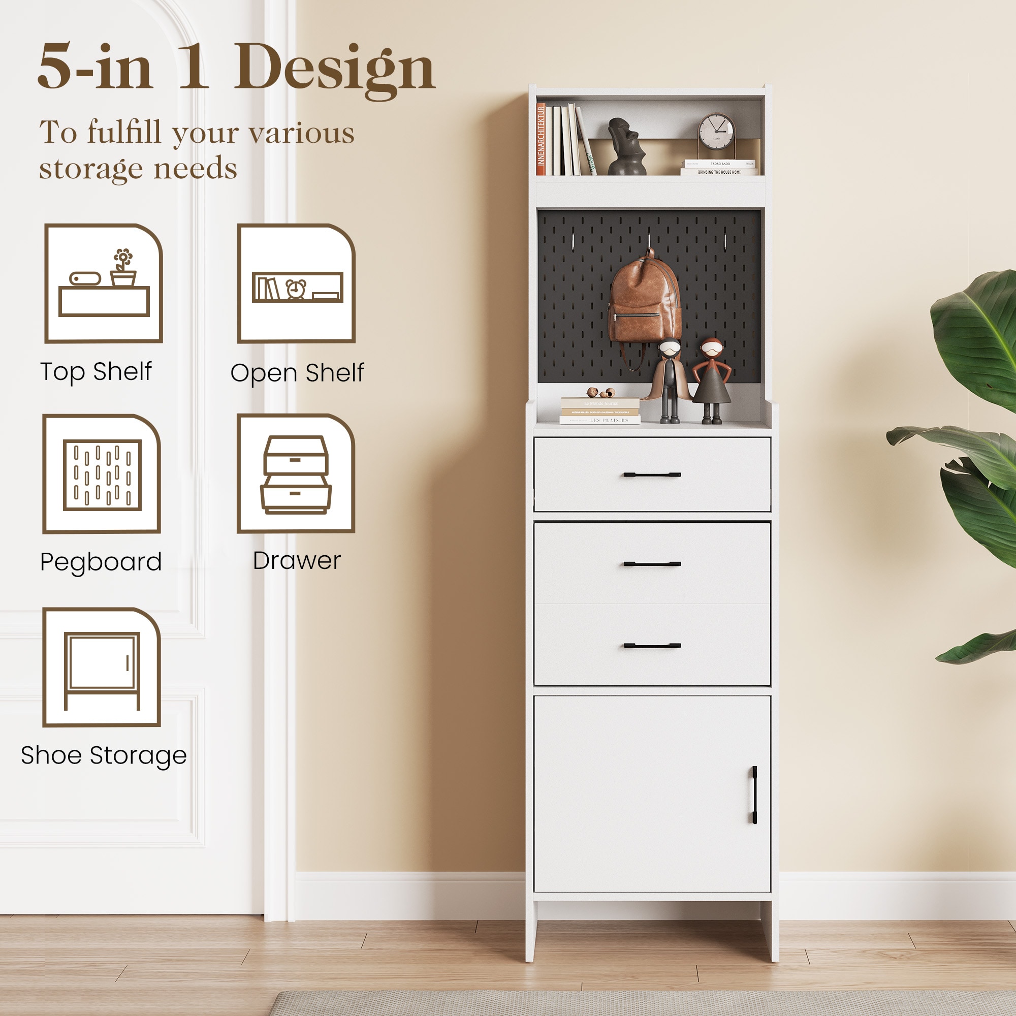 5-in-1 Shoe Cabinet With Flip Drawer, Entryway Shoe Storage With Pegboard, Adjustable Shelf, Wood Entryway Cabinet, White_voghion.com